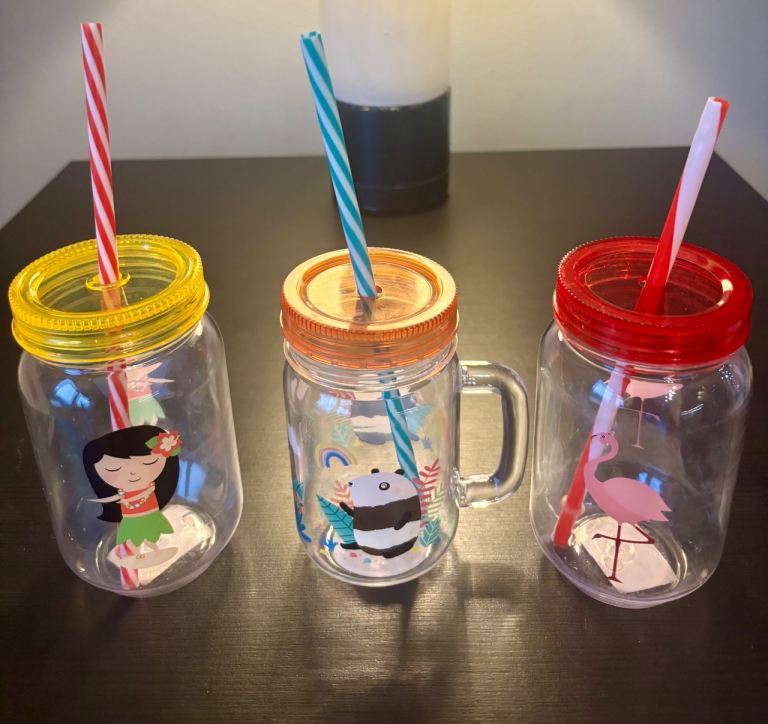 Set of 3 Kids' Mason Jar Style Drinking Cups with Straws