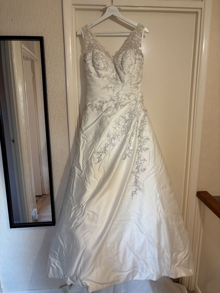 Size 8 Ivory Satin A-Line Wedding Dress with silver embroidered flowers