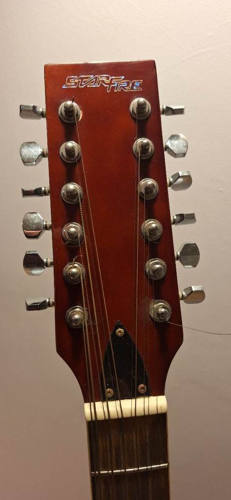 Star Fire 12 string acoustic guitar with case, capo, stand, strap and book.