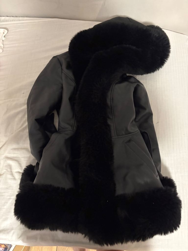 Glamdoll Official Black Faux Fur Trim Coat - Size M, As Good As New