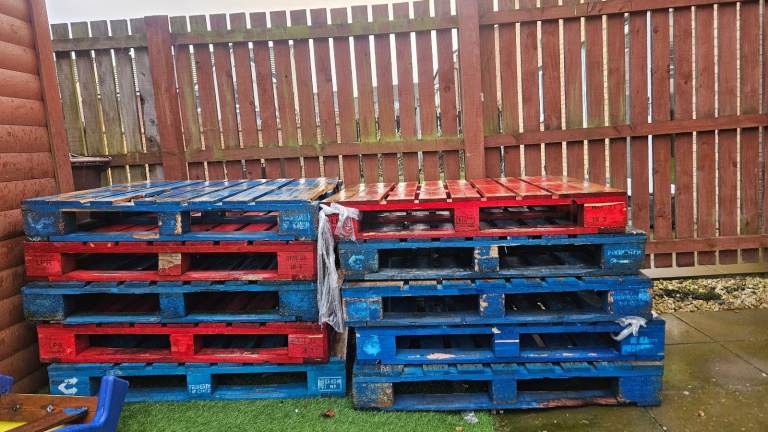 10 Used Wooden Pallets - Red and Blue, Good Condition