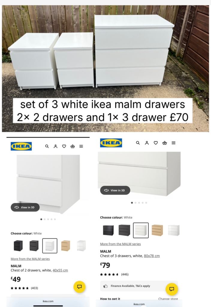 set of 3 white ikea malm drawers 2x 2 drawers and 1x 3 drawer £70