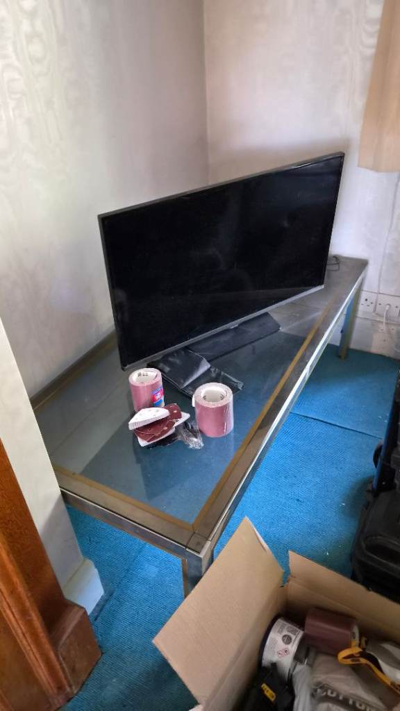 Matching set of chrome & brass glass tables/display shelf