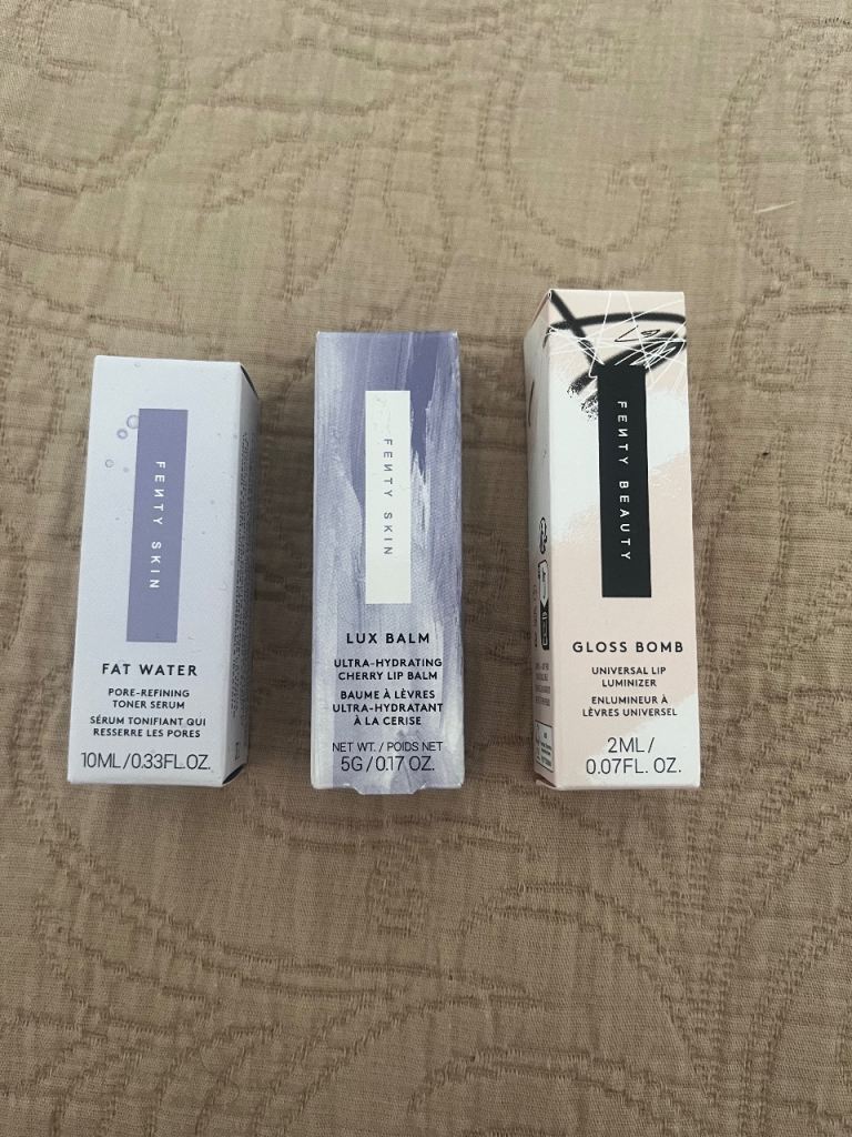 Fenty Fat Water, Fenty Lux Balm and Fenty Gloss Bomb colour 02 fussy travel size