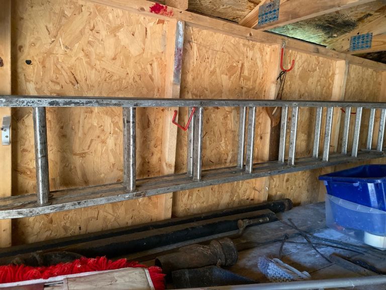 Chimney sweeps brush and 9 rung double ladder