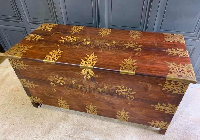 Anglo Indian Antique Style Solido I’m Rosewood & Brass Dowry Chest Blanket Box Storage Trunk