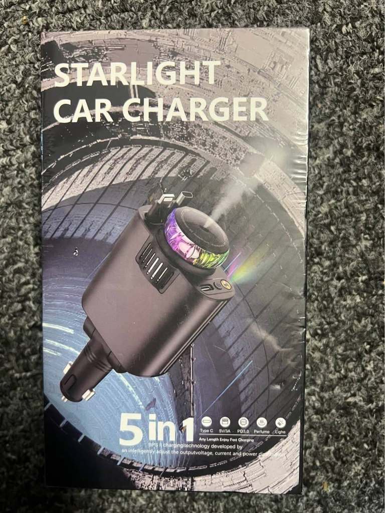Starlight Car Diffuser & Charger Combo, 5-in-1 Retractable Design with Essential Oil & Cotton Swabs