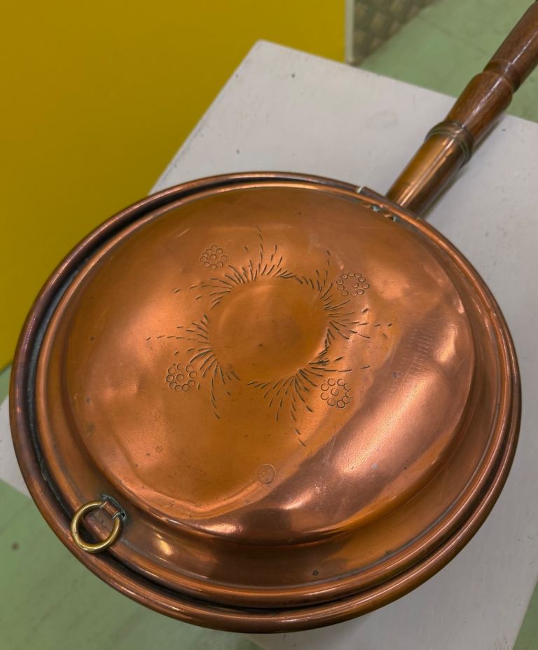 Antique Cooper Warming Bed Pan With Wooden Handle