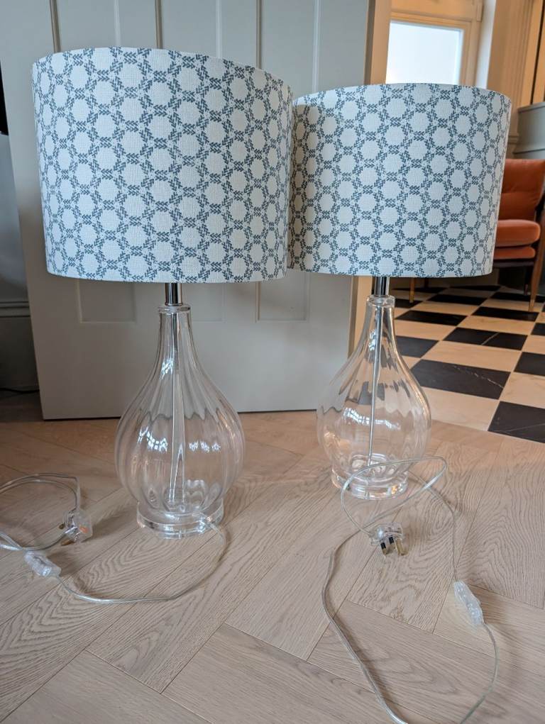 Large glass Brissi table lamps with bespoke linen shades in blue & white