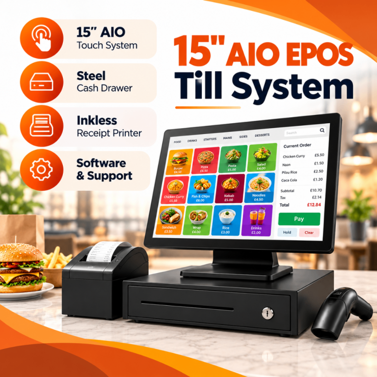 15" AIO EPOS Till System – Touchscreen POS with Cash Drawer & Receipt Printer