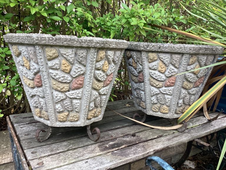 PAIR OF WONDERFUL COLOURFUL VINTAGE PLANT POTS 🪴ON METAL LEGS 