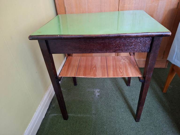 Retro Dark Wood Table with Green Top, Height 71cms, 46.9cms x 64.7cms
