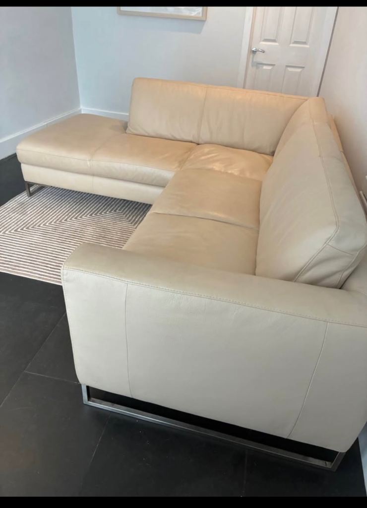 Italofa L-Shaped Corner Sofa - cream Leather with Chrome Legs, Good Condition