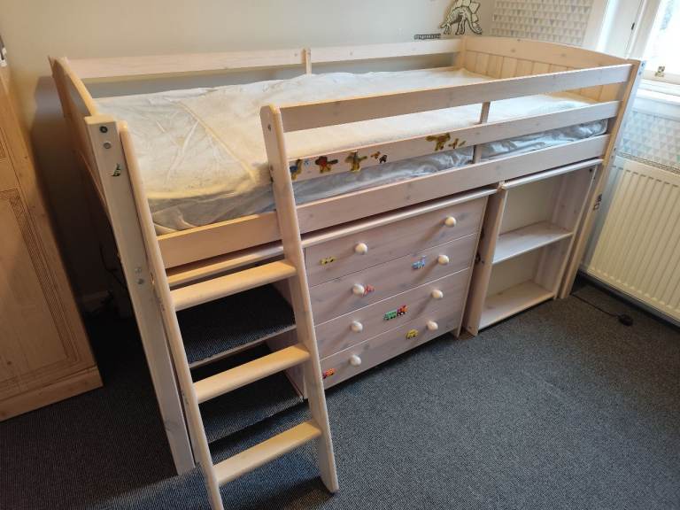 Mid sleeper bed with chest of drawers, desk, shelves and mattress 