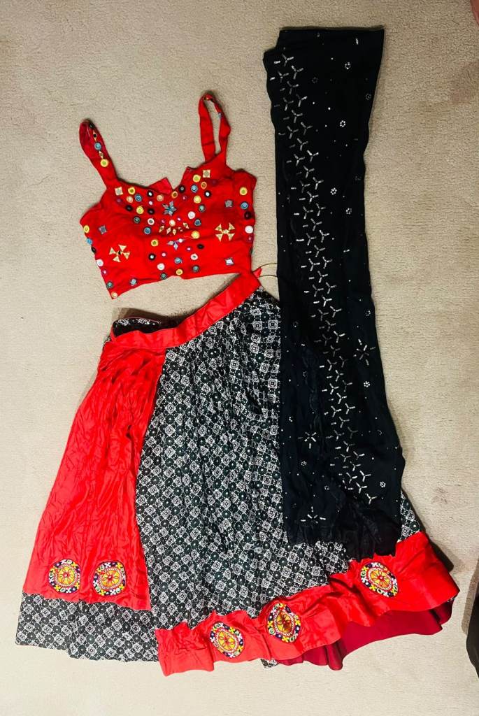 Bandhani Chaniya Choli Lehenga Set Red Black Navratri Garba Mirror Work Dupatta - Size M 12 