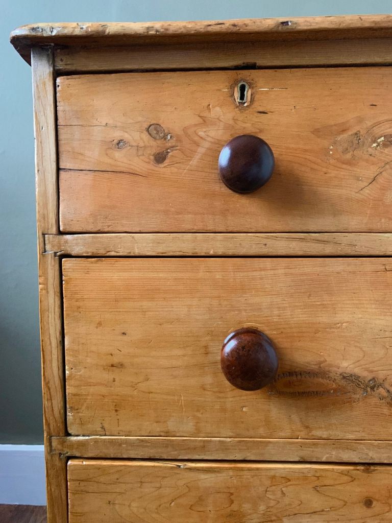Antique Victorian Rustic Pine & Mahogany Bun Handle Chest of Drawers c1870