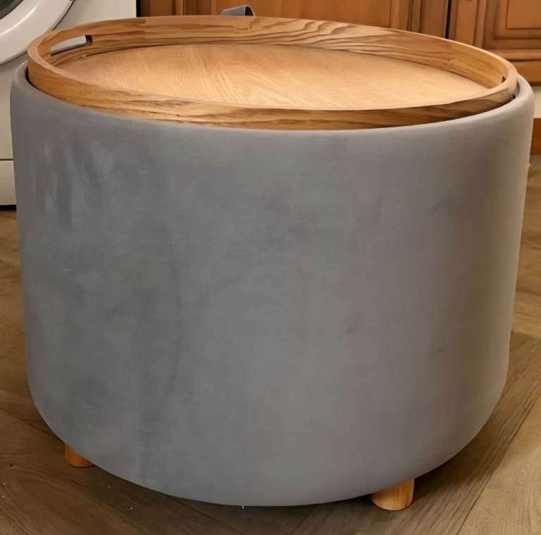 Grey Velvet Storage Stool with Wooden Tray Top