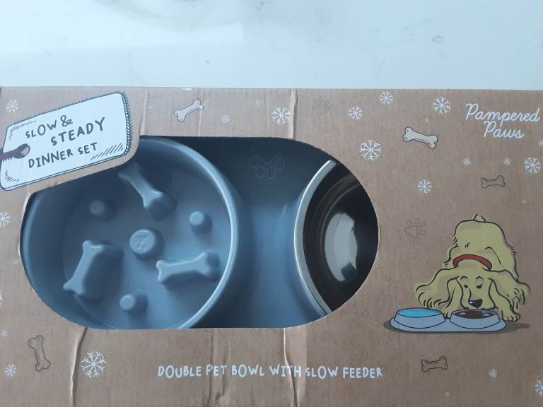Dog feed bowls x 2 small size, boxed, Sugical pet vest xs, sugical collar and New Brush