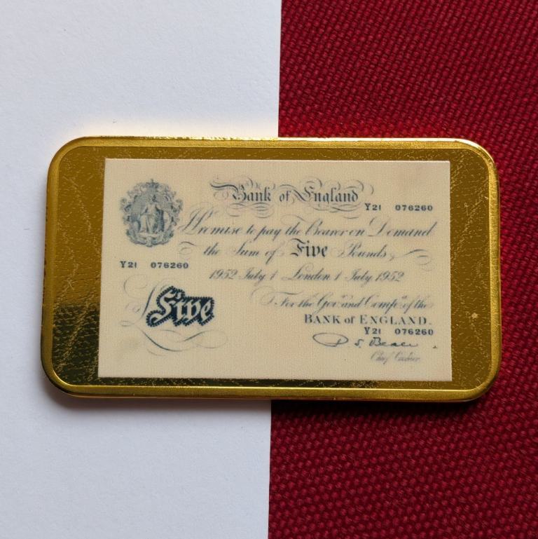Another 24carat GOLD plated White Fiver FIVE POUNDS Banknote PROOF Ingot Bar