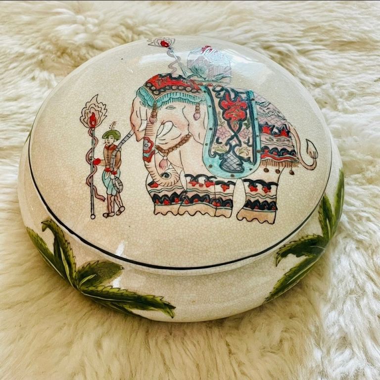 image for Round Vintage Lidded Glazed Crackle Effect Jewellery Dish Indian Artisan Hand Painted  Elephant 