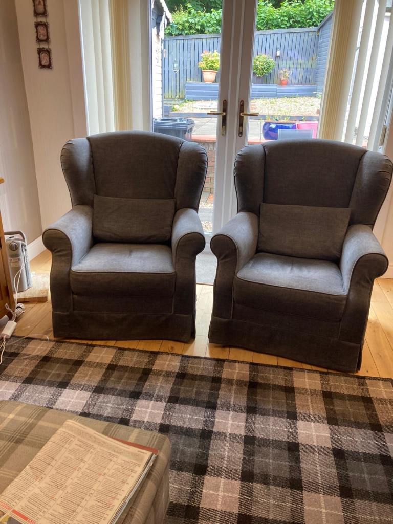 Pair of Grey Fabric Armchairs - Good Condition