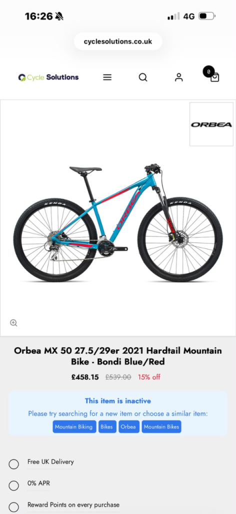 Orbea MX 50 Mountain Bike 27.5/29er - Bondi Blue/Red, Like New
