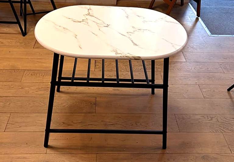 Marble-effect café / dining tables, £30 each or 9 for £180, collection only Canary Wharf