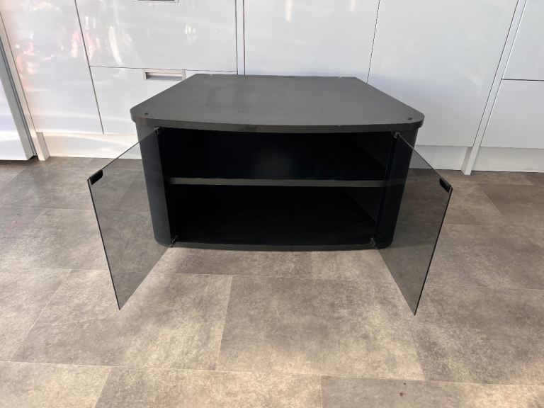 Black TV Unit with Glass Doors – Good Condition