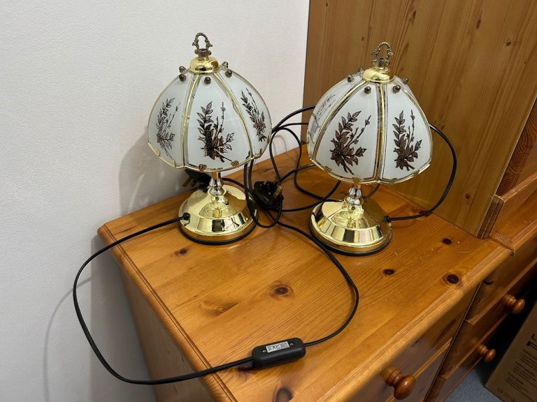Brass bedside lamps with glass shades