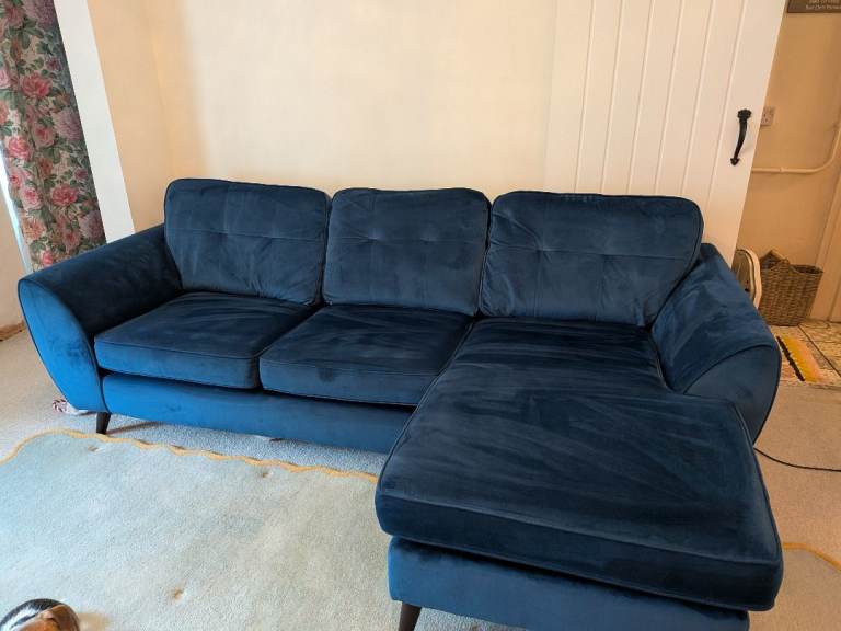 Royal blue velvet L shape sofa DFS 
