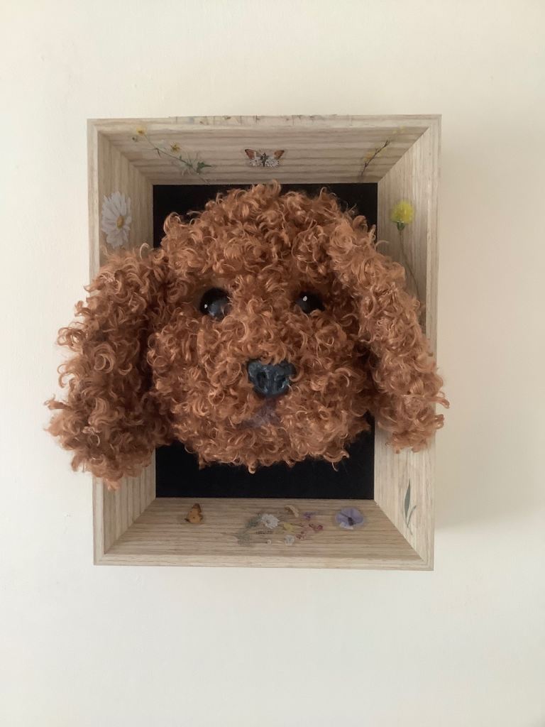 Needle felted poodle in frame