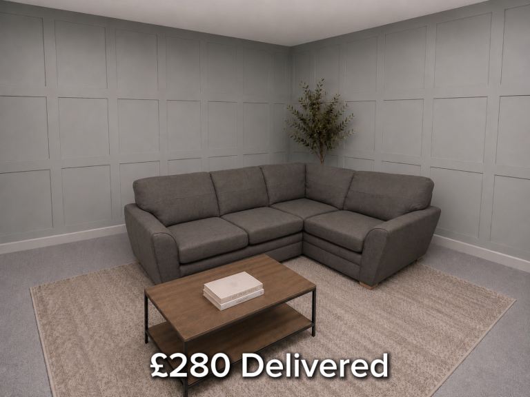 DELIVERY AVAILABLE - Grey Corner Sofa with High Back Cushions 