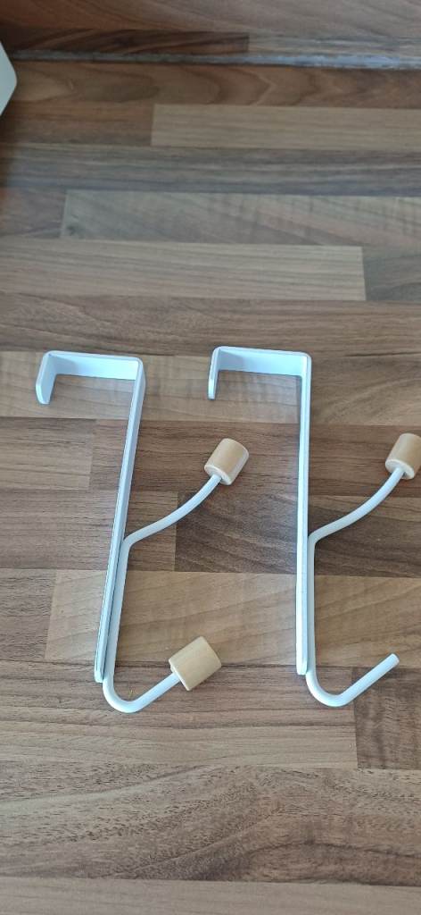 Pair of White Over-Door Hooks with Wooden Knobs – Good Condition