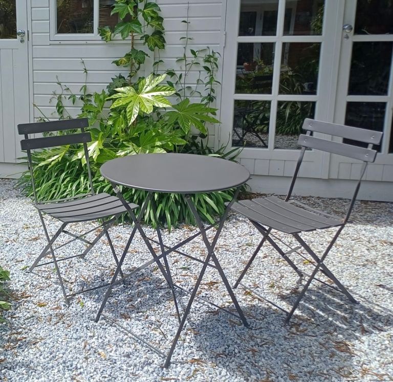 Grey Metal Bistro Set - Round Table and Two Folding Chairs