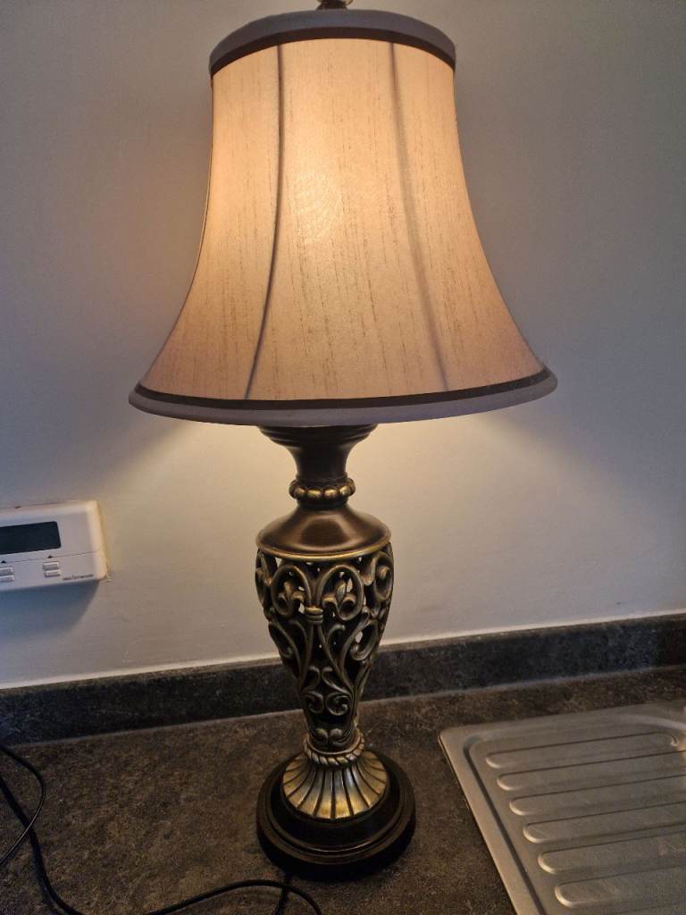 Ornate Table Lamp with Fabric Shade – Good Condition