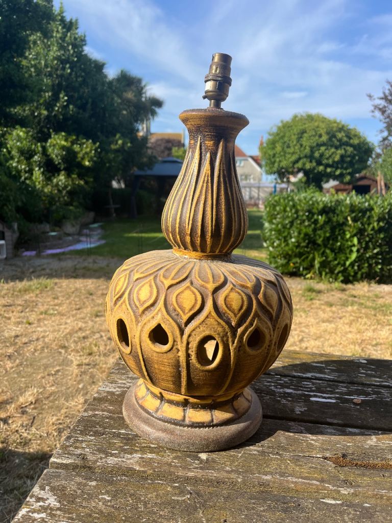 Vintage Ceramic Table Lamp – Brown & Yellow, Fair Condition