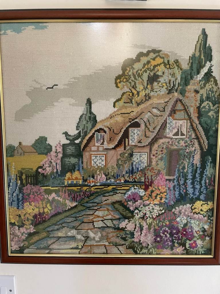 Framed Vintage Needlepoint Tapestry - Country Cottage Garden