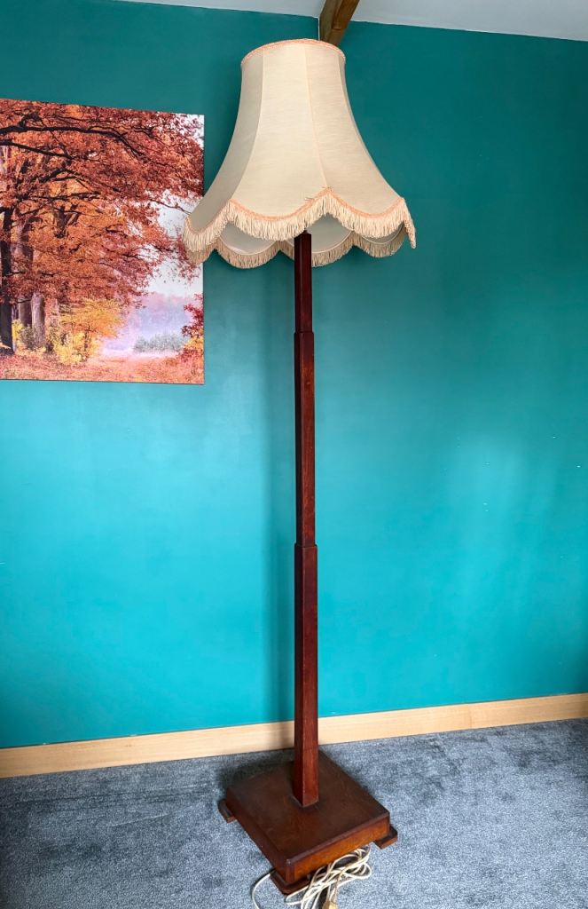 Antique lamp with unusual square wooden stand with lampshade 