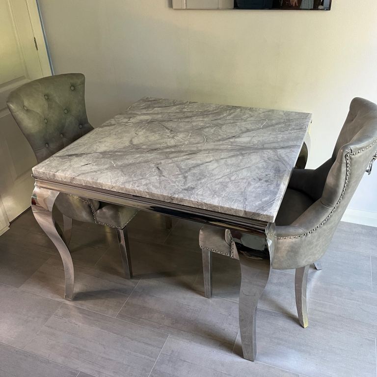 Grey Marble Effect Dining Table with 6 Luxury Velvet Chairs