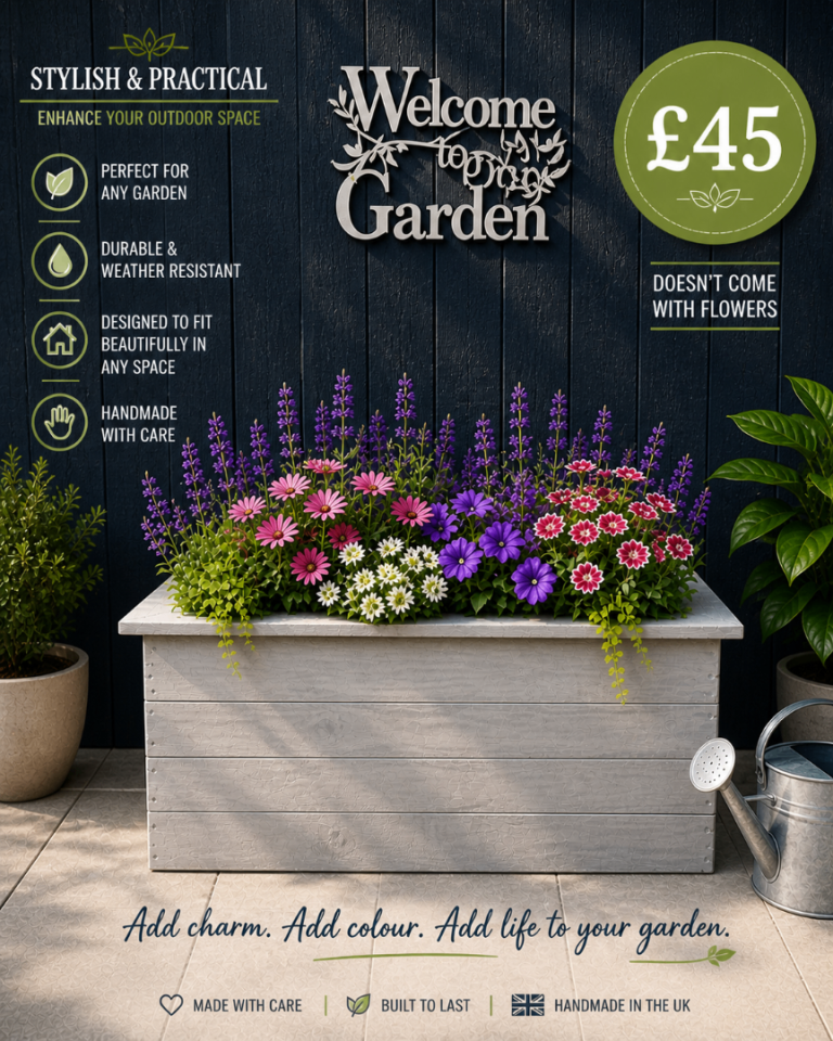 Grey wooden planter. Made from treated 4x1 wood. Does not come with flowers. 