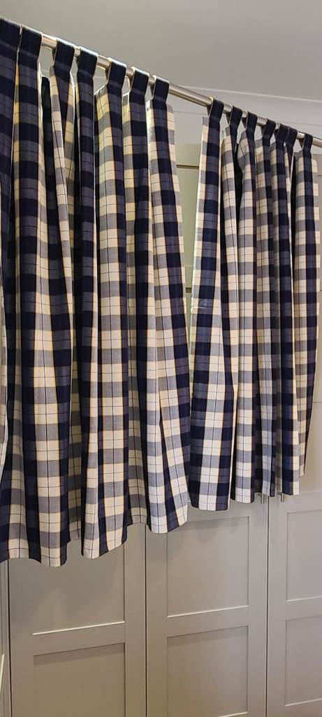 Blue Cream Check Tab Top Lined Curtains. Good condition.