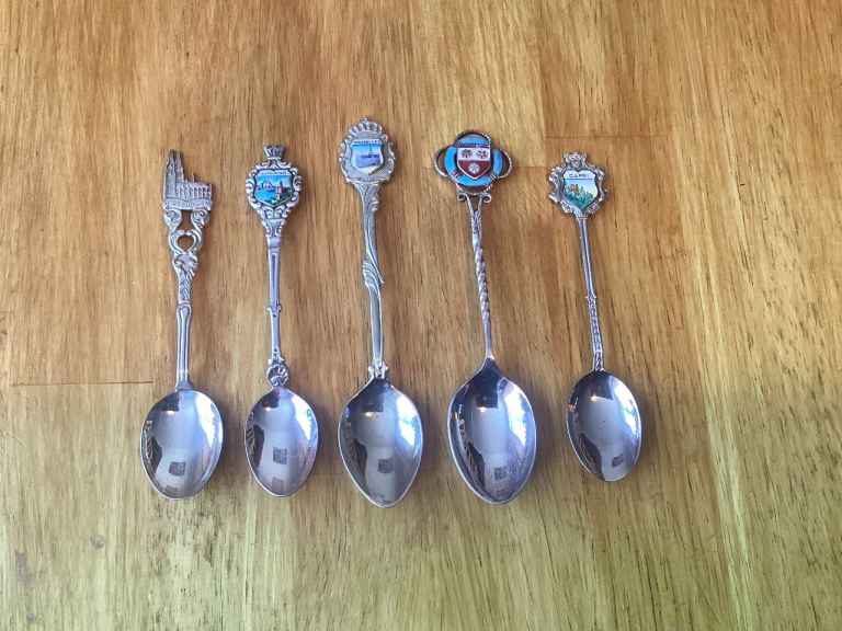 Vintage Souvenir Spoons x5 Silver Plated Enamel Southampton Capri Cologne Lugano Brussels