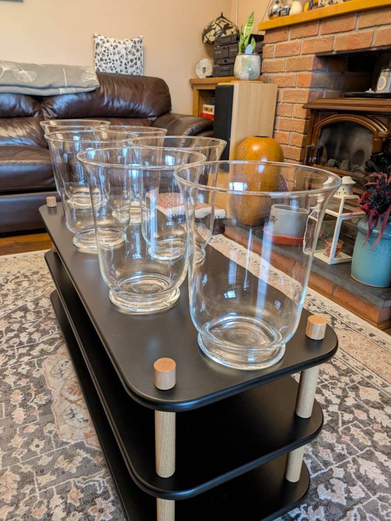  6 Large Glass Jars In Lovely Condition: Perfect For Candles on Wedding Tables as Centre Pieces. 