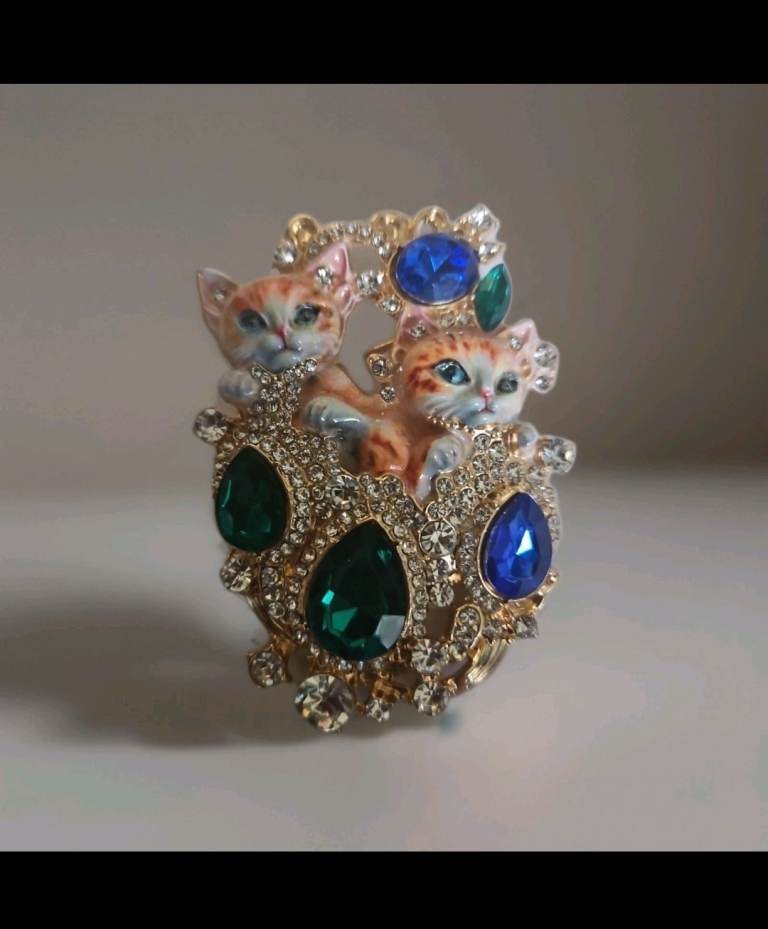 Mischievous Kittens Brooch With Faux Ruby, Sapphire And Diamonds