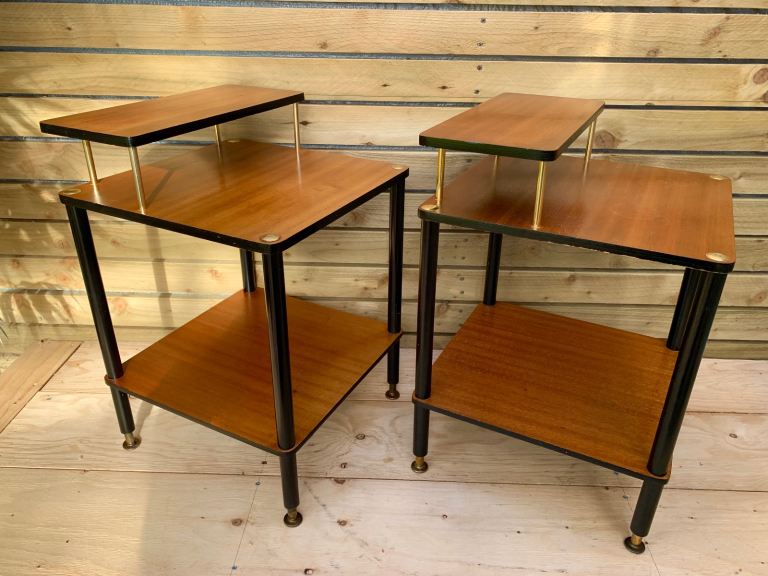 Pair of Vintage Mid Century Modern Teak & Ebonized Shelf Bedside Table Units 1950s