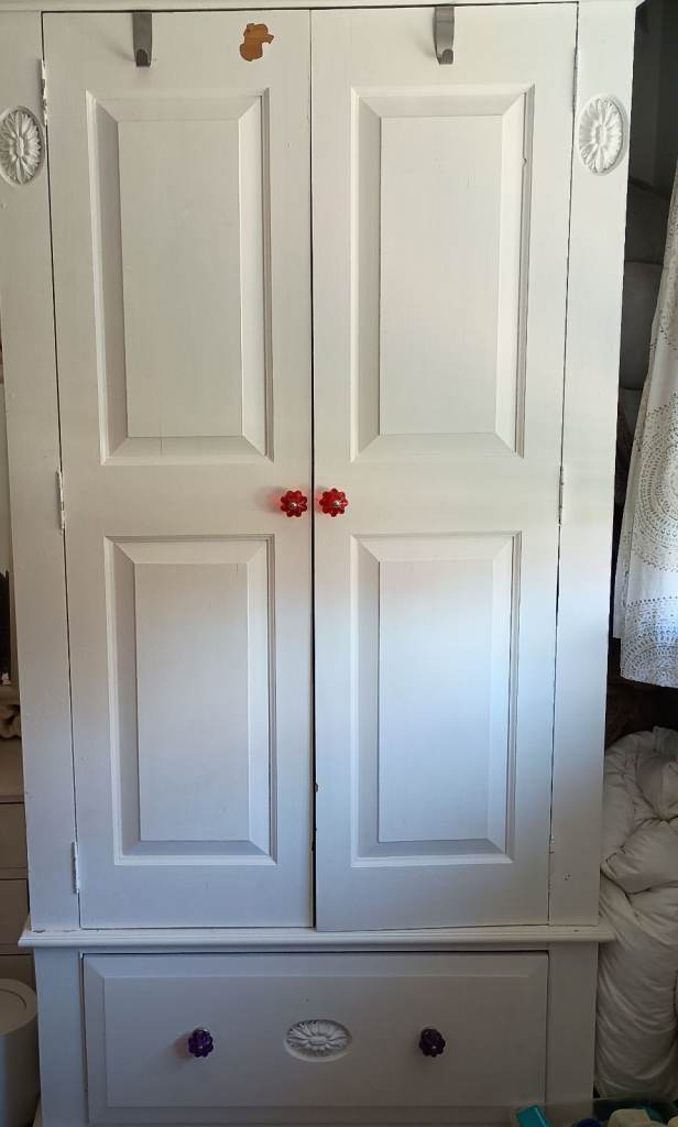 White Wooden Wardrobe with Drawer and Chest of Drawers