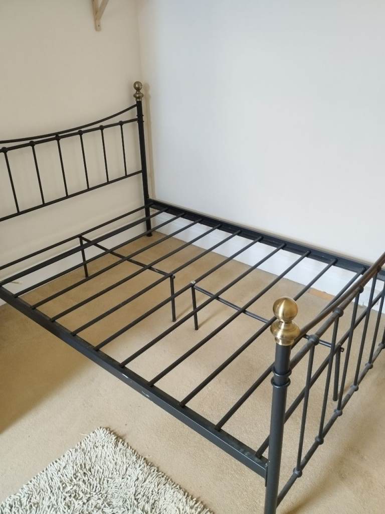 Black Metal Double Bed Frame with Brass Finials