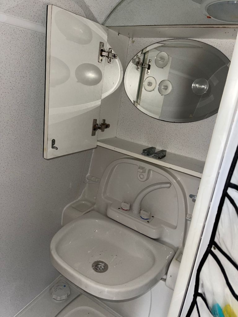 Thetford C2 (RH) Bench Cassette Toilet with fold-down sink, mirror cabinet, and shower fittings