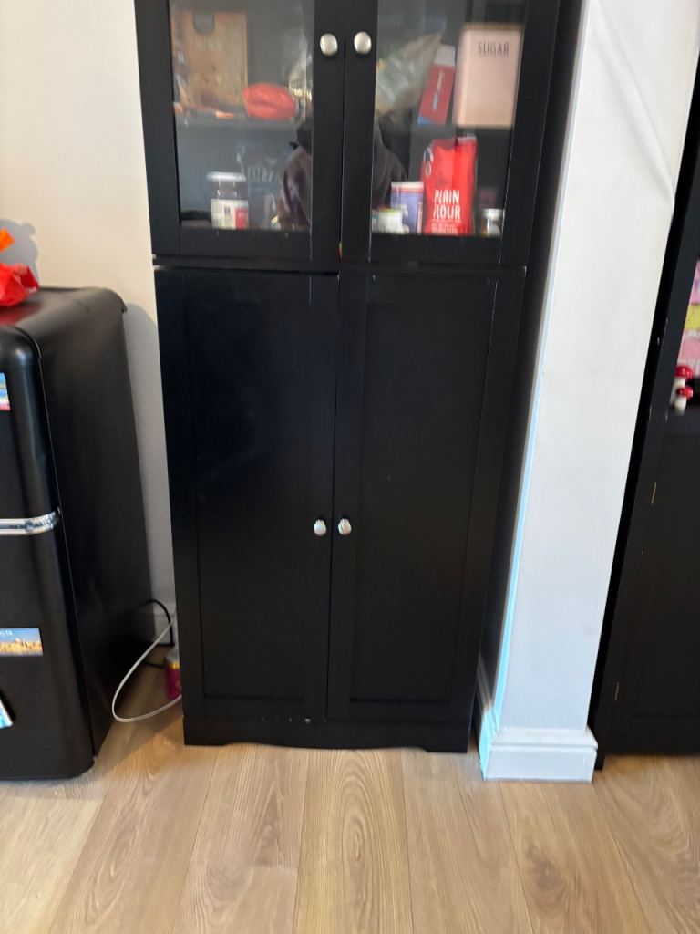 Tall Black Wooden Kitchen Cabinet with Glass Doors - Good Condition
