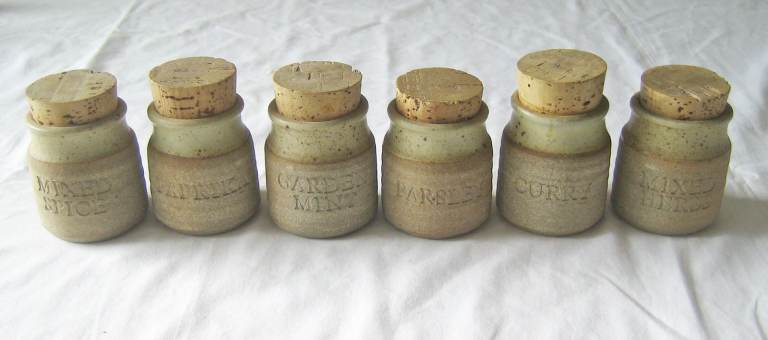 Set of 6 Stoneware Hand Made & Impressed Herb Jars